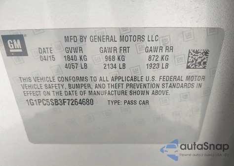 2015 Chevrolet Cruze 1Lt Auto z USA, uszkodzony, nr VIN 1G1PC5SB3F7264680